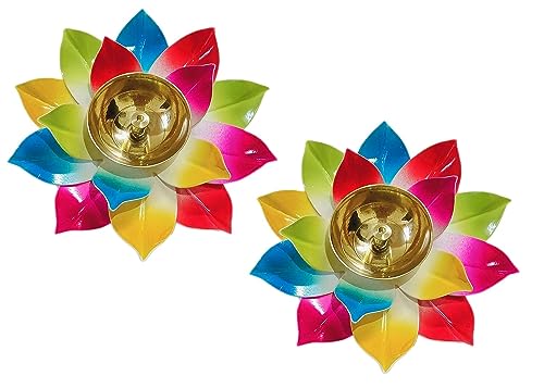 Brass Oil Lamp Akhand Diya Indian Oil Lamp Diwali Decoration Puja Lamp Akhand Lotus Diya Multicoloured (2)