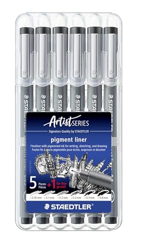 STAEDTLER ‎308 SB6P1 Pigment Liner Fineliner Pens with Assorted Line Width - Black (Set of 5 + 1 Free)
