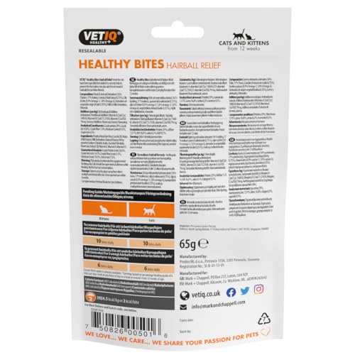 VetIQ Healthy Bites Hairball Remedy Cat Snack, 4 x 65g, Helps Prevent and Remove Cat Hairballs, Supplement for Cats Without Artificial Ingredients, Cat & Kitten Health