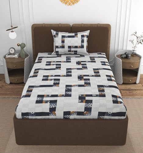 Image of VOMZER Premium Cotton Elastic Fitted Bedsheets Single Bed with 1 Pillow Cover | Single Bed with All Around Elastic, Size 36 x 72 x 10 Inches (White Lines)