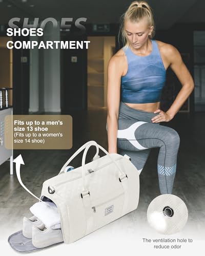 Image of Gym Duffle Bag for Women with Shoe Compartment Waterproof Travel Tote Bags Personal Item Carry On Weekender Overnight Bags with Toiletry Bag Swimming Yoga Bags Hospital Holdalls Beige