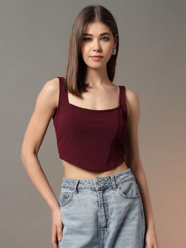 Image of Trend Arrest.ed Women's Stretchable Corset Style Crop Top | Square Neck Sleeveless Zipper Back Body-Hugging Fit | Casual