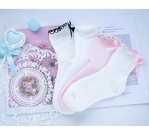Image of Womens Bow Socks Ruffle Casual Crew Black Whitte Soft Breathable Cotton 4 Pairs Socks
