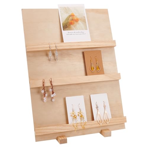 PH PandaHall Porta Tarjetas para Pendientes de Madera de 3 Niveles, Expositor para Joyas al por Menor y Fotos, Rústico con Pegatinas