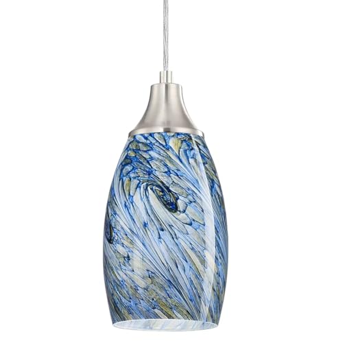 karyfine Mini Pendant Lights Kitchen Island White Blue Glass Lamp Shade Hand Blown Glass Pendant Light with Brush Nickel Finish Adjustable Cord for Kitchen Over Sink Hallway,Dining Room,Stairs Way