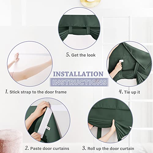 RYB HOME Privacy French Door Cover, Room Darkening Window Curtains for Front/Tricia/Patio French Door Tie up Shade for Sightseeing, W26 x L80 inch, 1 Panel, Dark Green