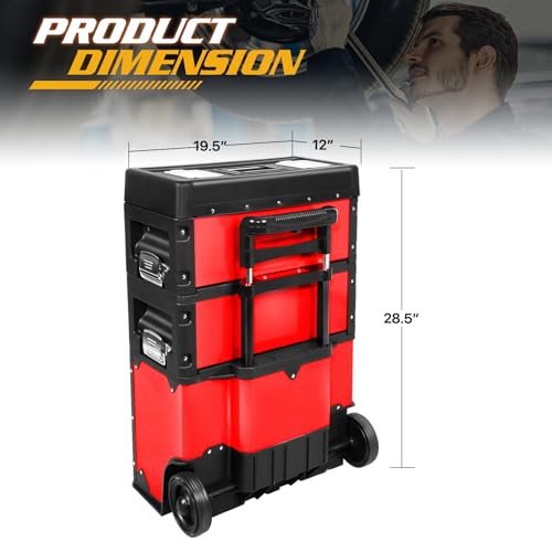 Image of Magshion Heavy-Duty Rolling Tool Box, 3-Tier Stackable Tool Chest System with Wheels & Drawers, Modular Organizer for Small Parts and Tools, Mobile Garage Workshop Storage in Black /Red