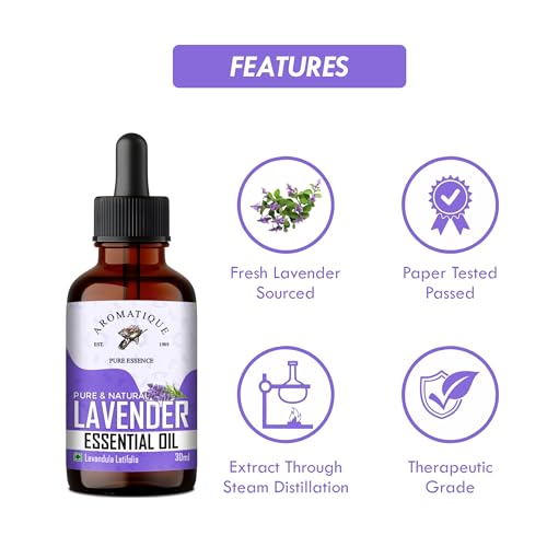 Aromatique Lavender Oil, Lavender Essential Oil for Aroma Therapy, Stress Relief, Hair, Skin & Sleep 30 ml