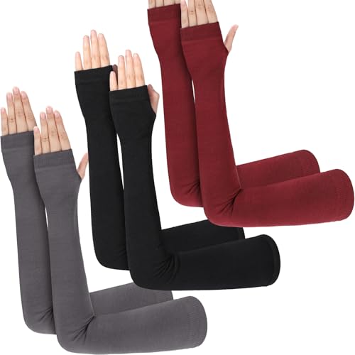 Jeere 3 Pairs Arm Warmer Long Fingerless Gloves for Women Winter Cotton Thermal Arm Sleeves 23.6 Inch With Thumb Hole(Black,Dark Gray, Wine Red)