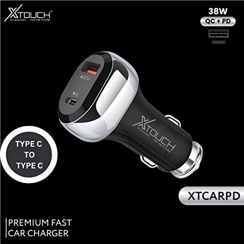 Image of XTOUCH 38W Fast Car Charger Adapter with Dual Output. Quick Charge, Type C PD 20W & Qualcomm Certified 3.0 18W with Type-A to C Cable (Black)