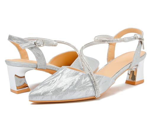 DADAWEN Women's Slingback Low Chunky Heels Closed Pointed Toe Rhinestone Ankle Strap Wedding Party Dress Pump Shoes