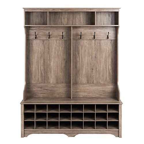 Prepac 24 Shoe Cubby Wide Hall Tree With Bench & Coat Hooks, 60" W X 77" H X 15. 5" D, Drifted Gray #TOP3