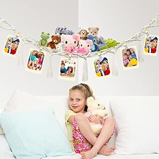 Toy Storage Hammock Organizer Net, Boho Macrame Plush Animal Toy Mesh Holder with tassel organizer LED light and photo clip, Wall Corner Storage Net Large Hanging Net for Kids Bedroom for Bedroom Wall