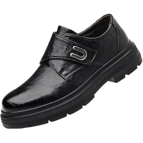 Men’s Dress Oxford Shoes – Slip-On Burnished Leather, Round Toe, Anti-Slip Rubber Sole, Non-Slip Block Heel, Outdoor and Formal