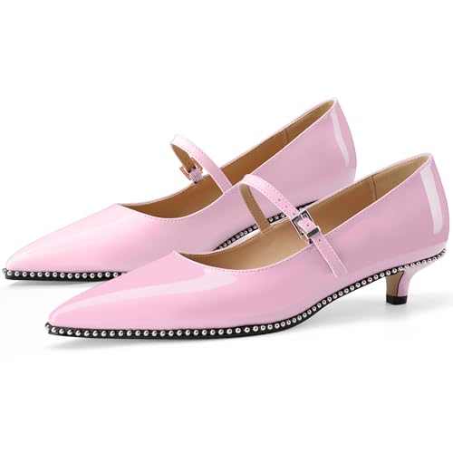 Women's Low Kitten Heels Patent Leather Beaded Pumps Pointed Toe Dressy Mary Jane Heels with Strap Metal Buckle for Ladies Sexy4