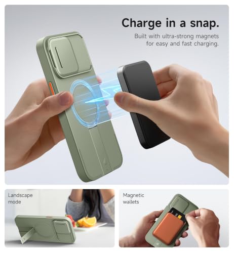 Image of SURITCH for iPhone 14 Pro Max Case with Magnetic Camera Slide Cover and Adjustable Kickstand, Compatible with MagSafe, Shockproof Bumper Case Slim Protective Cover 6.7 Inch, Green