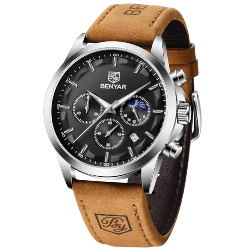 Image of BY BENYAR Waterproof Multifunction Chronograph Black Fashion Quartz Calendar with Leather Strap Sport Military Men's Wrist Watch