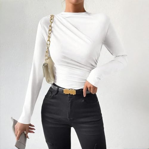 Kxydlww Langarm-T-Shirt für Damen mit Ausschnitt, Langarm-T-Shirt mit Rundhalsausschnitt mit klassischer Passform, sexy T-Shirt Y2K Langarmshirt Crop Top Elegante Slim Fit Tops, Weiß, Small