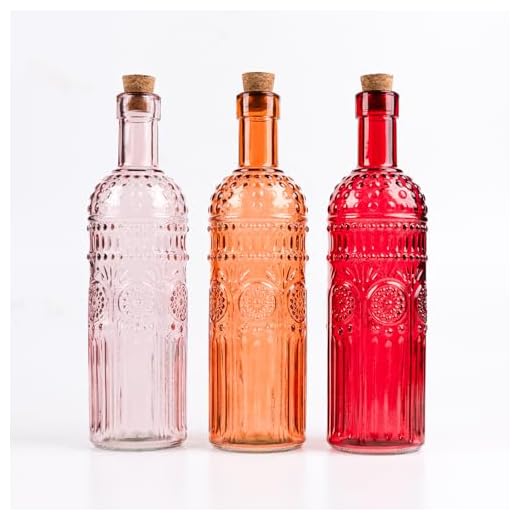 Vintage Vase Decorative Glass Vases, Embossed Colored Glass Bottles,Large Wine Bottle Size,Set of 3 with Cork Lid-Flower Bud Vases, Garden Decor, Suncatchers,Bottle Trees(Warm)