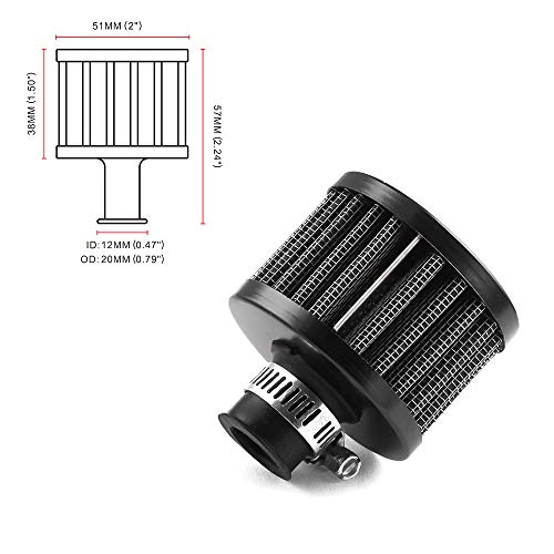 Rasnone 2Pcs 12Mm Air Filter Cold Air Intake Filter Breather Turbo Vent Air Intake Filter Cleaner Black Universal For Car And Motorcycle #TOP1