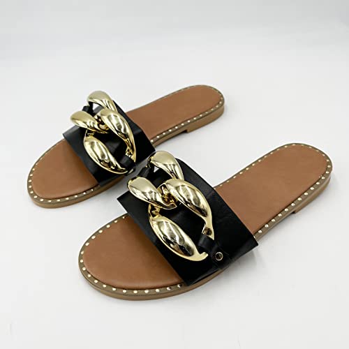 pearl&she Women's Leather Flat Slippers Metallic Link Chains Slip On Summer Indoor and Outdoor Slide Sandals4