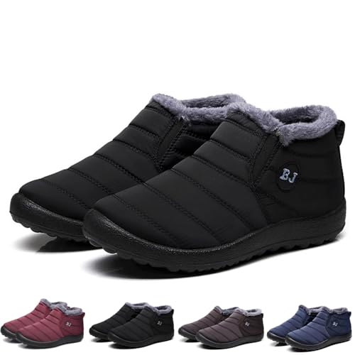 Hokuto Boojoy Winter Snow Boots, Men & Women's Fur Lined Waterproof Slip On Ankle Boots (Black, 5)