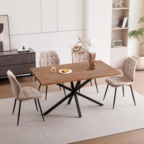 JZGORC Conjunto de Mesa y Sillas de Comedor: Mesa Rectangular de 140 cm y 4 Sillas Tapizadas, Ideal para Comedor, Cocina y Salón   Marrón Oscuro + Caqui