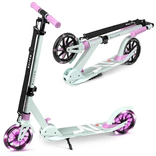 Movino Patinete para Niños Adultos y Adolescentes hasta 100 kg - Scooter Plegable Urbano - Ruedas LED Grandes 180 mm - Manillar Ajustable - City Light Menta-Rosa