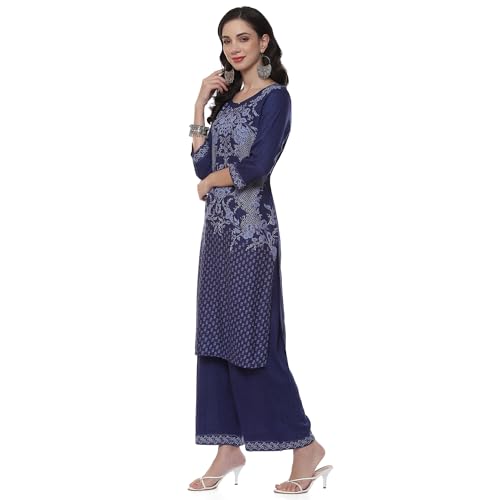 Image of Rangriti Blue LIVA Straight Printed Kurta Palazzo Suit Set For Women
