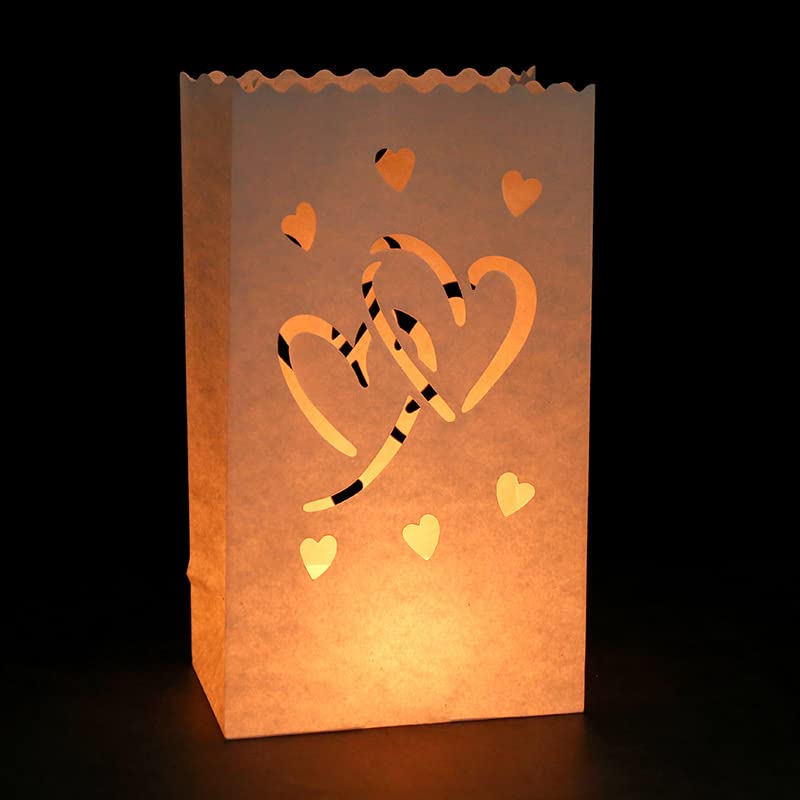 24 Sacs à Bougies Lumineuses - Papier Ignifuge - 3 Modèles (Cœur, Lune, Feu D'Artifice) - Déco Fête
