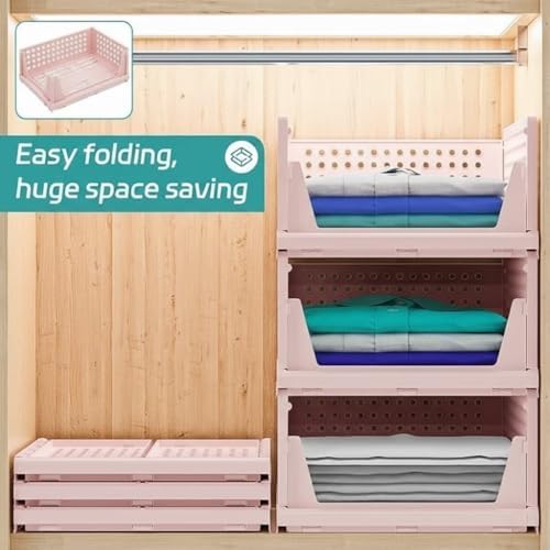 MECHDEL | Wardrobe Organizer For Clothes | Cupboard Organizer | Foldable Shirt Stacker Box | Cloth Box for Almirah | Closet Storage Basket |Plastic Stackable Closet Organizer (Dark Pastel Pink, 6PCS)