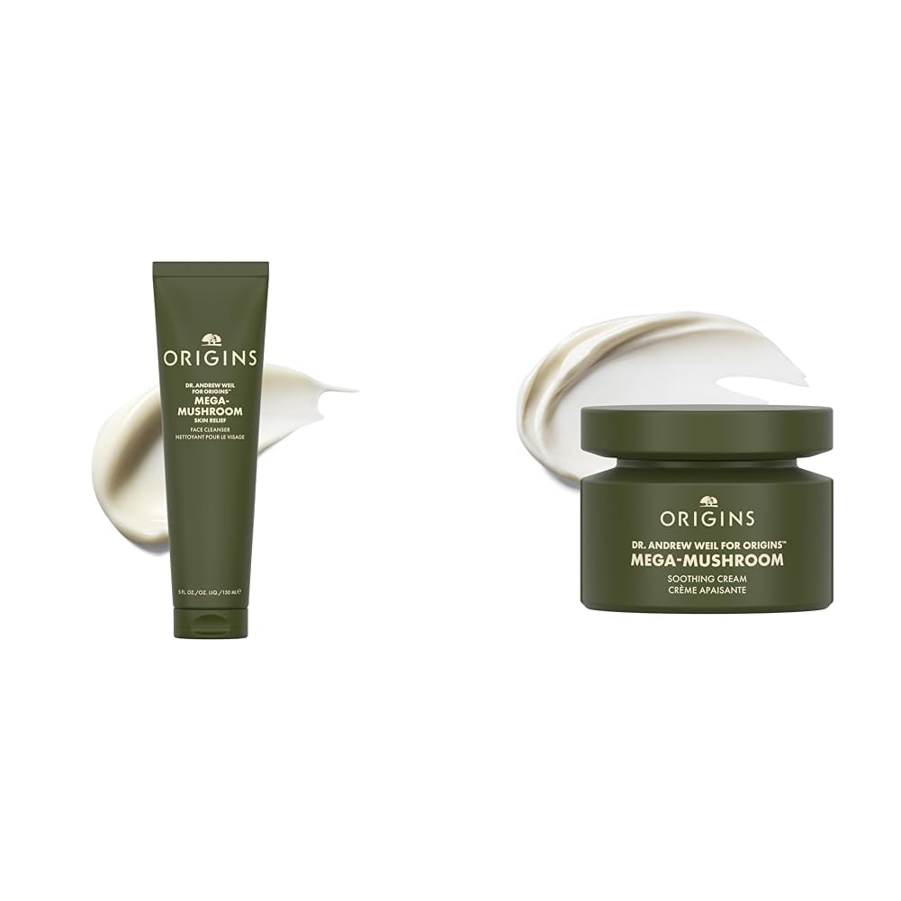 Origins Mega-Mushroom Set: Soothing Cream (50ml) + Face Cleanser (150ml) | Beruhigt empfindliche Haut sichtbar | Mit Reishi-Pilz