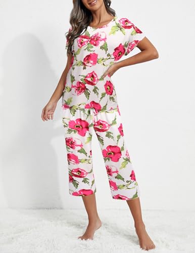 Image of Ekouaer 2 Pack Womens Pajamas Sets Short Sleeve Tops and Capri Pants Pjs Colorful Printed Sleepwear Sets