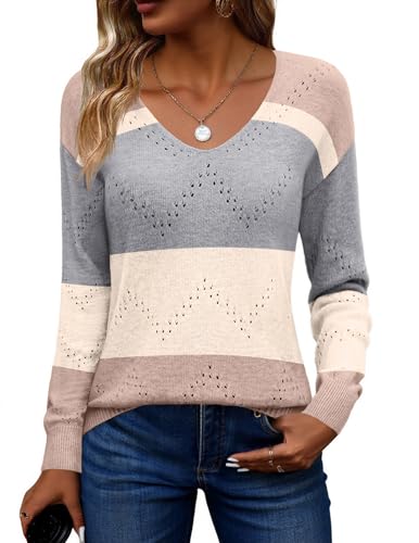 Image of Zeagoo Womens Sweaters Fall Trendy Casual Long Sleeve Shirt Lightweight V Neck Off Shoulder Crochet Pullover Top Outfit