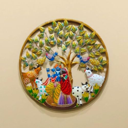 Image of SHREE 'O' GREEN TECH - Metal Radha Krishna with Cow Wall Art Frame Decorative Wall Hanging Sculpture for Home, Living Room, Temple Decor Traditional Indian Wall Decor Showpiece (Size 24x24 Inch)