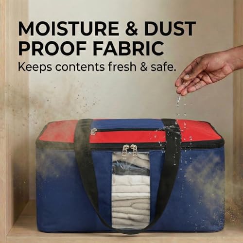 Image of EASY HOME 33 litre Under bed Storage Bags for Clothes | Cloth Storage Organizer with Zip Closure | Wardrobe Bag for Sarees & Blankets | Moisture Proof Nylon Cover Bag (Red & Black, Pack of 2)