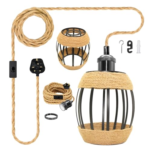 Industrial Plug in Pendant Lighting with 16x14 cm Lampshade, 510 cm Rustic Hemp Rope Hanging Lamp with Plug and Switch,Vintage Metal Basket Ceiling Pendant Light, E27 Lamp Holder, for Loft, No Bulb