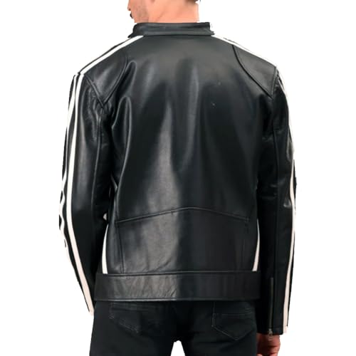 Mens Black Cafe Racer Vintage Motorcycle White Stripes Leather Jacket Retro Biker Leather Jacket4