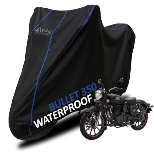 Image of Bike Body Cover Compatible with Bullet 350 Cc Full Body with Dust Proof, UV Rays Protective, Tripple Stitching & Lightweight Two Wheeler Covers - Black with Waterproof Blue Piping