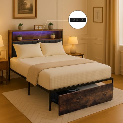 COMHOMA Twin XL Bed Frame with Headboard and Storage Drawers, Charging Station, Modern Platform Metal Frames with Wood Accents, No Box Spring Needed, Quiet and Sturdy Structure