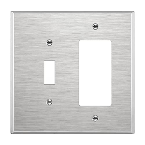 Image of ENERLITES Combination Toggle Light Switch or Decorator Switch Metal Wall Plate, Corrosive Resistant, Mid-Size 2-Gang 4.88 inch x 4.92 inch, 771131M, 430 Stainless Steel, UL Listed, Silver