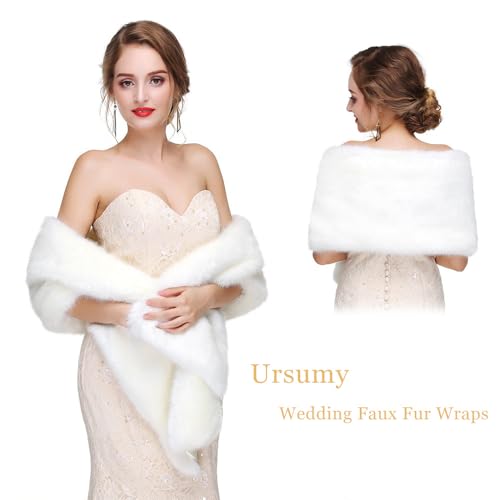 Ursumy Women's Wedding Faux Fur Wraps Bridal Shawl Fur Stole Fur Scarf with Rhinestones Brooch for Bride and Bridesmaids4
