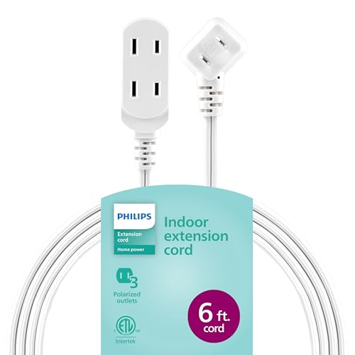 Philips 3-Outlet Flat Plug Extension Cord - 6 Ft Indoor Use Safety Slide 2 Prong White ETL Listed SPS3613W/37