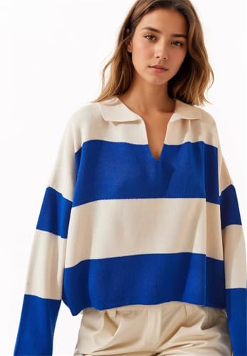 Image of LifeShe Striped Sweater Women V Neck Long Sleeve Pullover Fall Sweaters Loose Oversized Knit Top