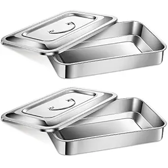 2 Pcs Medical Surgical Trays 201 Stainless Steel Dental Instruments Tray Organizer Holder Sterilized Metal Box with Lid and Handle Grip for Medical Surgical Dental Instruments Organizer Container