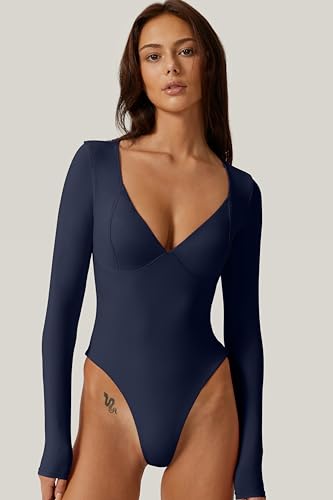 Image of QINSEN Women's Long Sleeve Bodysuit V Neck Body Suits Seamed Cup Going Out Tops Shirt