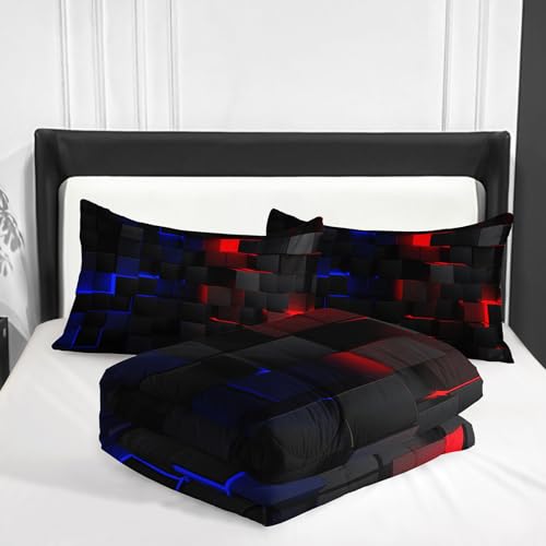 Image of Nttopship Neon Red and Blue Comforter Set Full Geometric Kids Bedding Set,3 PCS Geometry Honeycomb Bed Set Modern Quilt Set 1 Comforter 2 Pillow Cases Cool Room Decor All Season B-Side Black