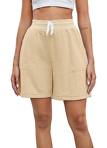 Pantalones Cortos Mujer 100% Algodón con Cordón Pijamas Pantalon Corto Chandal Elástica Ajustable con Bolsillos Verano Shorts Deportivos para Yoga Jogging Fitness Caqui* Corto XXL