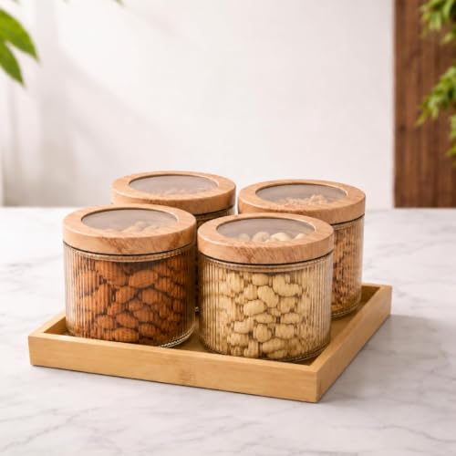 Image of Borosilicate Golden Ribbed Glass Storage Jar Set with Bamboo Tray, Set of 4 (500ml), Airtight Round Glass Containers with Bamboo Lids & Silicone Seal, Dry Fruit Storage Jars for Spices
