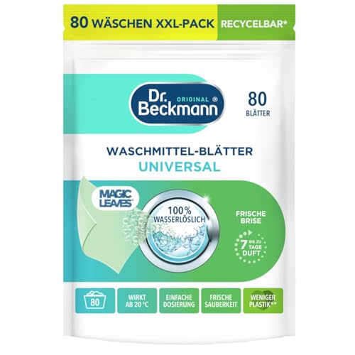 Dr. Beckmann MAGIC LEAVES Waschmittel-Blätter UNIVERSAL | vordosierte & wasserlösliche Waschblätter | platzsparend und leicht anzuwenden | 80 Blätter